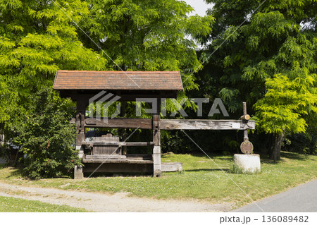 Old wooden wine press in Lower Austria 136089482