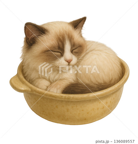 土鍋の中で眠る子猫のイラスト ぬくもりを感じる癒しの姿 土鍋の中で眠る子猫のイラスト ぬくもりを感じる癒しの姿 136089557