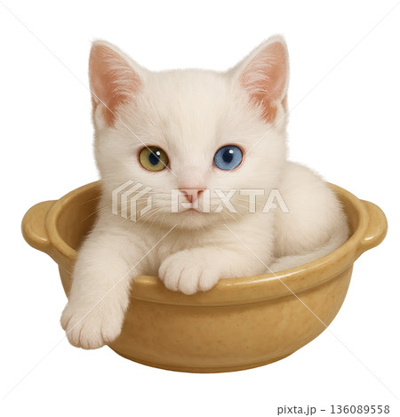 土鍋に入ってくつろぐ子猫のイラスト　愛らしい表情の癒し素材 136089558