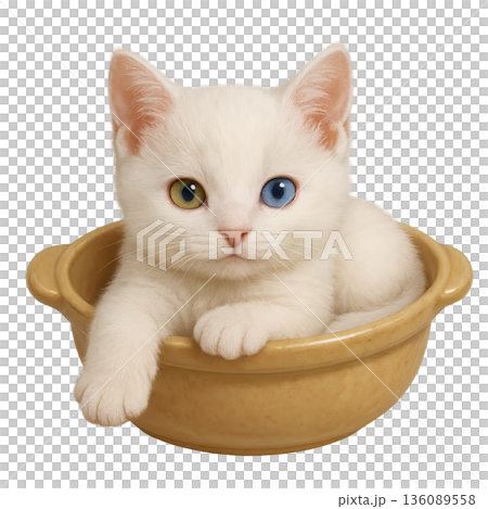 土鍋に入ってくつろぐ子猫のイラスト　愛らしい表情の癒し素材 136089558