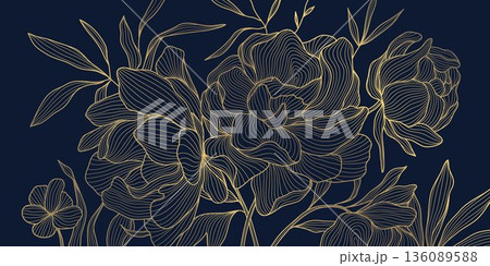 Luxury floral pattern with golden line peony flowers, Chinese and Japanese art, dark blue background. Elegant vector illustration with delicate outlines, decorative details, wedding invitation 136089588