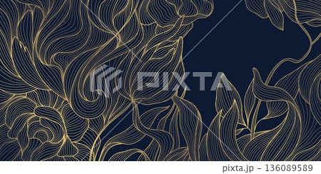 Luxury floral pattern with golden line peony flowers, Chinese and Japanese art, dark blue background. Elegant vector illustration with delicate outlines, decorative details, wedding invitation Luxury floral pattern with golden line peony flowers, Chinese and Japanese art, dark blue background. Elegant vector illustration with delicate outlines, decorative details, wedding invitation 136089589