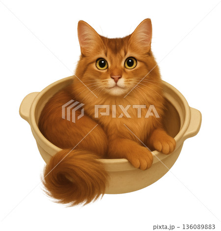 土鍋でくつろぐ猫のイラスト　ぬくもりを感じる落ち着いた表情 136089883