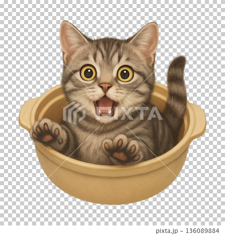 一幅幽默的插圖，描繪了一隻貓被一個陶罐嚇了一跳。 136089884
