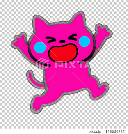 一隻笑容燦爛的粉紅霓虹貓咪。充滿情感表達的波普插畫。 136089885