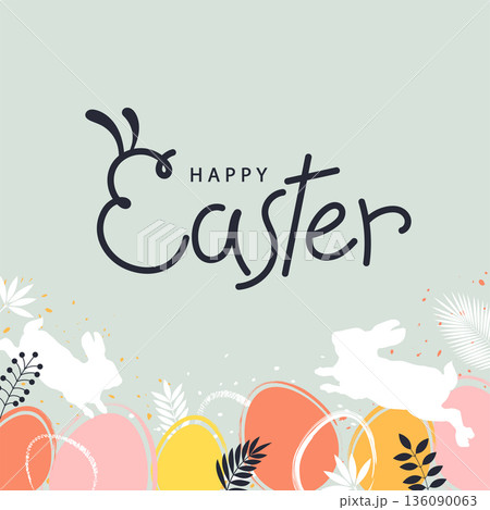 Festive Easter pattern design with bunnies and painted eggs 136090063
