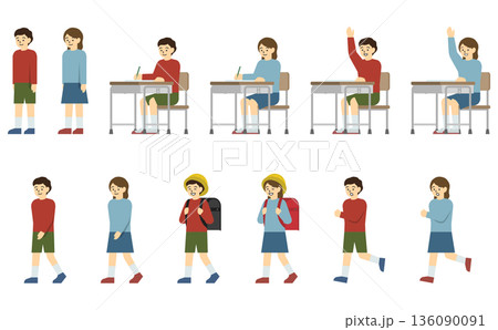 フラットイラスト：小学生男の子と女の子セット(表情あり) 136090091