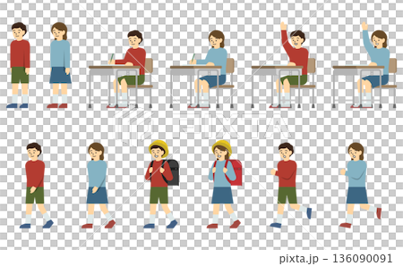 扁平化插畫:小學男孩女孩套裝(附臉部表情) 扁平化插畫:小學男孩女孩套裝(附臉部表情) 136090091