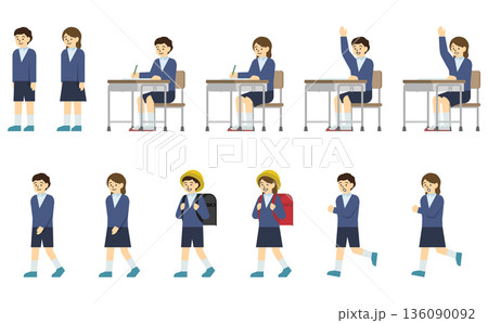 フラットイラスト:制服の小学生男の子と女の子セット(表情あり) フラットイラスト:制服の小学生男の子と女の子セット(表情あり) 136090092