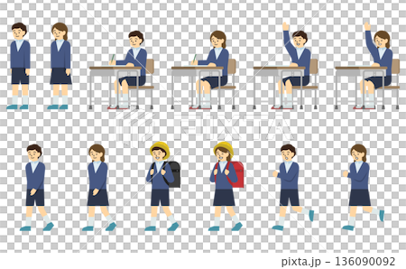 フラットイラスト:制服の小学生男の子と女の子セット(表情あり) フラットイラスト:制服の小学生男の子と女の子セット(表情あり) 136090092