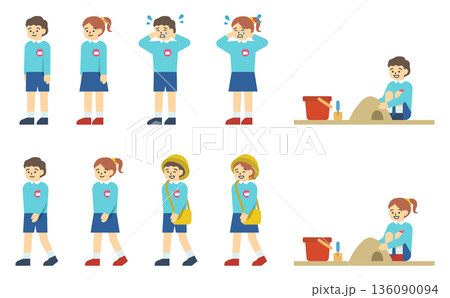 フラットイラスト:スモックを着た男の子と女の子セット(表情あり) フラットイラスト:スモックを着た男の子と女の子セット(表情あり) 136090094