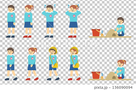 フラットイラスト:スモックを着た男の子と女の子セット(表情あり) フラットイラスト:スモックを着た男の子と女の子セット(表情あり) 136090094