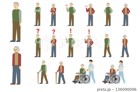 フラットイラスト：シニア男女セット(表情あり) 136090096