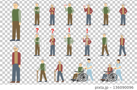 フラットイラスト：シニア男女セット(表情あり) 136090096