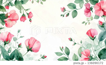瑞々しいボタニカル水彩フレーム素材。ビジネス資料の表紙や招待状、癒やし系サイトのメインビジュアル背景 瑞々しいボタニカル水彩フレーム素材。ビジネス資料の表紙や招待状、癒やし系サイトのメインビジュアル背景 136090172