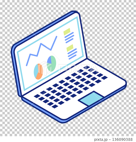 Isometric illustration of a laptop computer screen with pie and line graphs. Isometric illustration of a laptop computer screen with pie and line graphs. 136090388