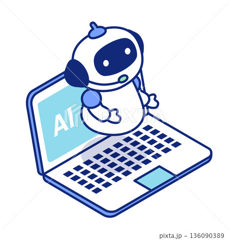 AI人工知能ロボットのアイソメトリックイラスト。ノートパソコンでAIを使ってチャットをしているイメー 136090389