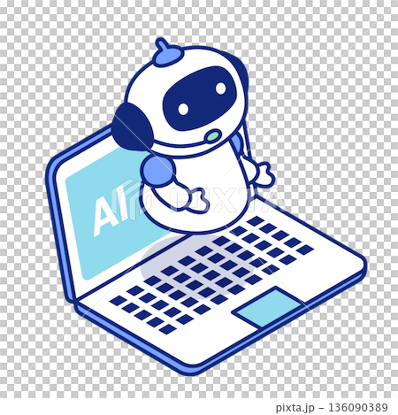 AI人工知能ロボットのアイソメトリックイラスト。ノートパソコンでAIを使ってチャットをしているイメー 136090389