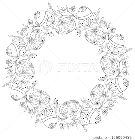 Black silhouette of Easter eggs, flowers and herbs create circular frame 136090459