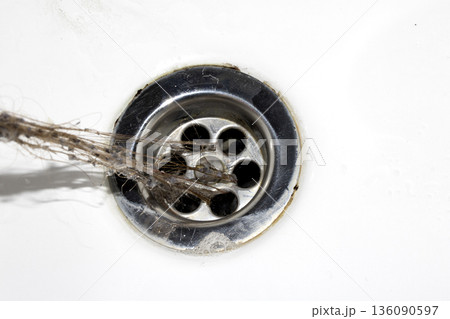 Unblocking brown hair from sink hole drain close up unhygenic gross job 136090597