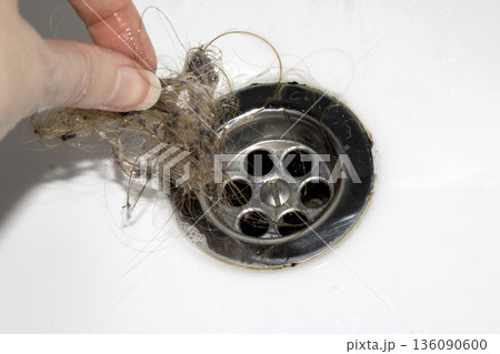 Unblocking brown hair from sink hole drain close up unhygenic gross job 136090600