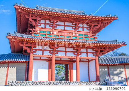多賀城跡 多賀城南門 青空に映える朱塗りの楼門 136090701