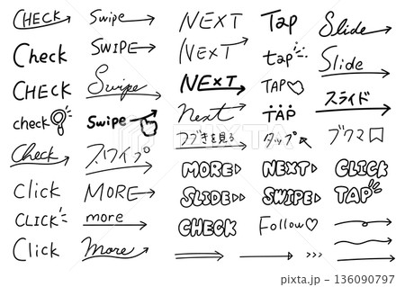 ページのスワイプを促す英語と日本語の手書き文字セット 136090797