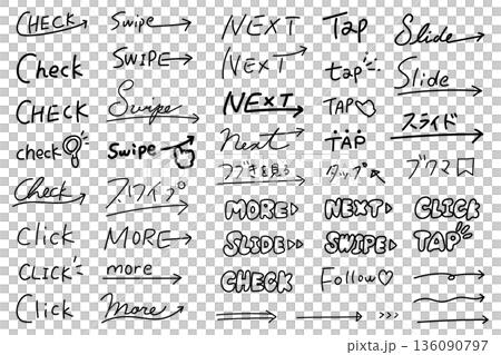 ページのスワイプを促す英語と日本語の手書き文字セット 136090797