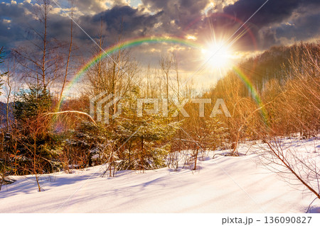 winter landscape at sunset. deciduous forest on snow covered hill in evening light. scenic scenery of natural park under blue sky for travel background. storytelling cinematic image under the rainbow 136090827