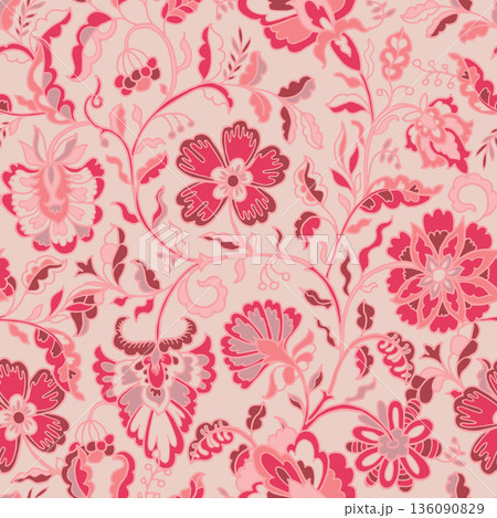 Pink Folk Floral Baroque Ornament Print 136090829