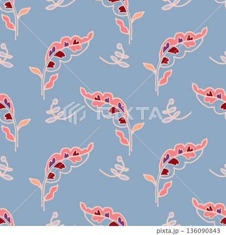 Soft Blue Folk Leaf Motif Print 136090843