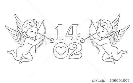 Black and white line art illustration of symmetrical cupid angels with bows and arrows and Valentines Day date 14 February. Romantic vector sketch for wedding stationery, cards, prints Black and white line art illustration of symmetrical cupid angels with bows and arrows and Valentines Day date 14 February. Romantic vector sketch for wedding stationery, cards, prints 136091003