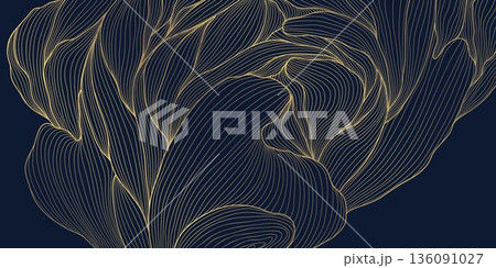Elegant floral pattern, gold line art, dark background, leaves, flowers, flowing wave elements, Japanese and Chinese design. Vector illustration, botanical motifs, organic lines, luxury spa aesthetic. 136091027