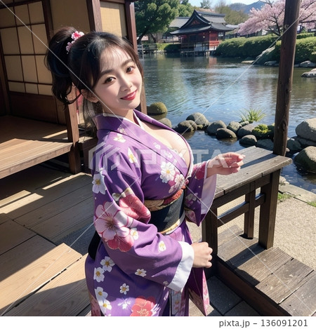 花と着物で、笑顔、 庭園。 136091201