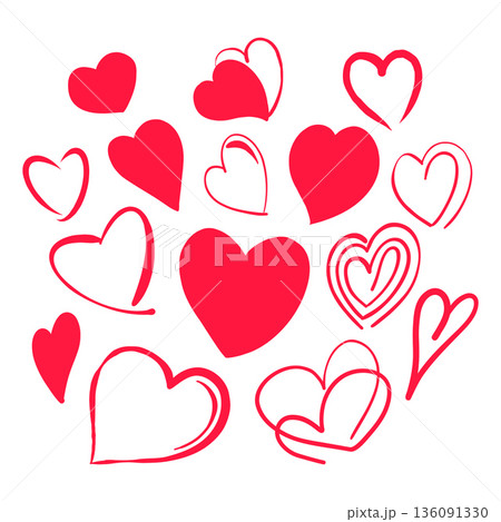A set of vector red hearts. A collection of hand-drawn heart illustrations in various styles. A set of vector red hearts. A collection of hand-drawn heart illustrations in various styles. 136091330