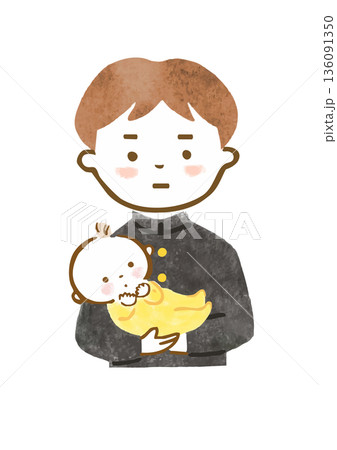 厳しい表情で赤ちゃんを抱っこする制服を着た男の子のイラスト（上半身） 136091350