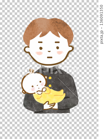厳しい表情で赤ちゃんを抱っこする制服を着た男の子のイラスト（上半身） 136091350
