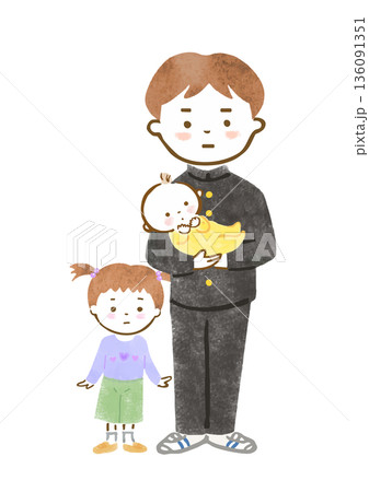 厳しい表情で赤ちゃんを抱っこする制服姿の男の子と、幼い女の子のイラスト 厳しい表情で赤ちゃんを抱っこする制服姿の男の子と、幼い女の子のイラスト 136091351