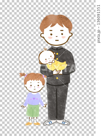 厳しい表情で赤ちゃんを抱っこする制服姿の男の子と、幼い女の子のイラスト 厳しい表情で赤ちゃんを抱っこする制服姿の男の子と、幼い女の子のイラスト 136091351
