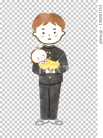 Illustration of a boy in a uniform holding a baby with a stern expression 136091353