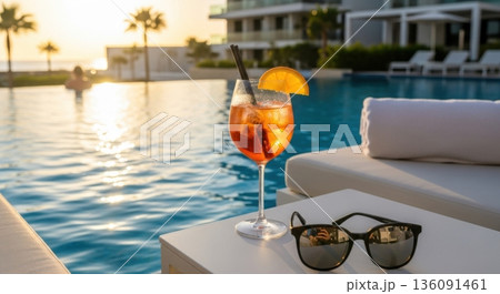 Vibrant Orange Spritz Cocktail on Poolside Table Under Clear Sky 136091461