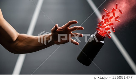 Muscular Arm Reaching for Exploding Red Capsules in Dark Gym 136091477