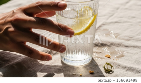 Refreshing Glass of Ice Water Held by Hand on Linen Background Refreshing Glass of Ice Water Held by Hand on Linen Background 136091499