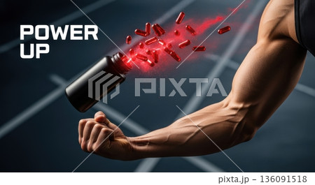 Muscular Arm Reaching for Exploding Red Capsules in Dark Gym Muscular Arm Reaching for Exploding Red Capsules in Dark Gym 136091518