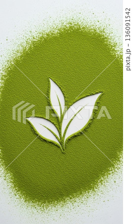 Green matcha powder with a leaf shape negative space Green matcha powder with a leaf shape negative space 136091542
