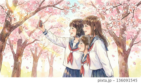 桜の下で写真を撮る三人の女性 136091545