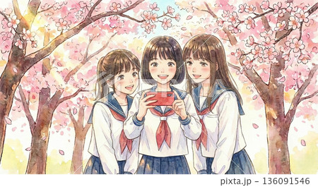 桜の下で写真を撮る三人の女性 136091546