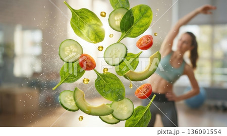 Fresh Green Vegetable Salad Ingredients fitness background Fresh Green Vegetable Salad Ingredients fitness background 136091554