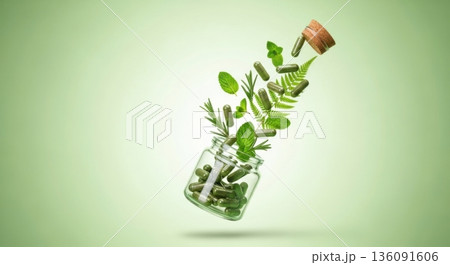 Herbal Medicine Green Capsules in Glass Jar with Fresh Leaves 136091606