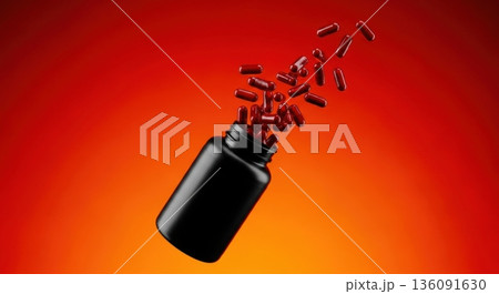 Explosion of Red Capsules Flying Out of Black Supplement Bottle 136091630